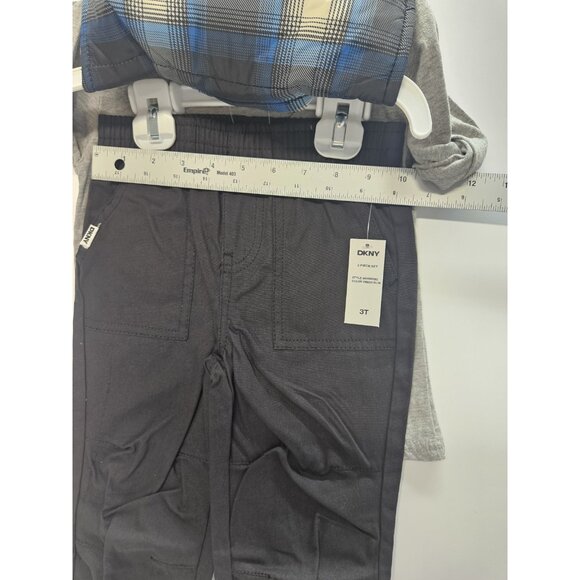 DKNY Size 3T Set Of 3, Plaid Blue Vest/ Black Pants/ Grey Long Sleeve Printed - Picture 4 of 9